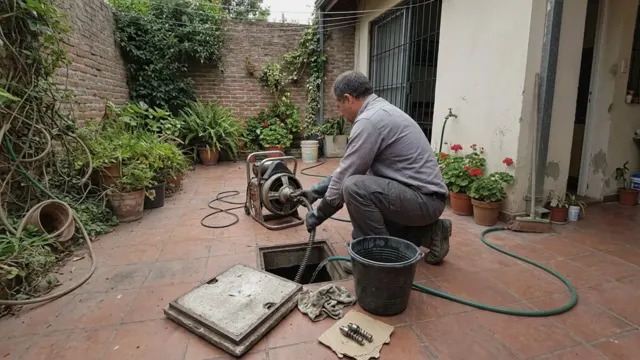 Plomero destapando una cámara de inspección del patio con máquina de sonda rotativa